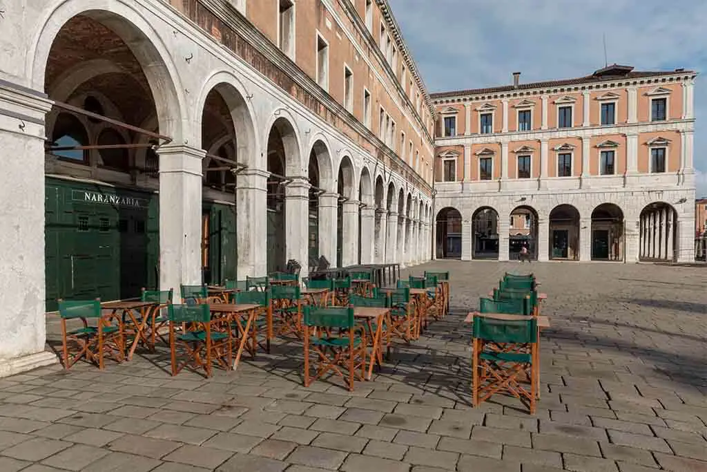 An Empty Outdoor Venetian Cafe